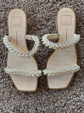 Dolce Vita Cream Pearl-Embellished Slide Sandals
